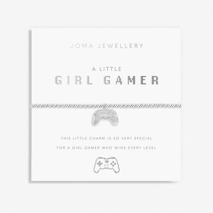 'Girl Gamer’ bracelet with gaming controller shaped charm. Silver-plated, stretch fit, and gift boxed