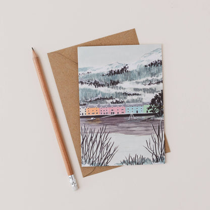 Luxury A6 greetings card featuring colourful houses in Portree on Isle of Skye, blank inside, printed on 350gsm UK card with recycled Kraft envelope