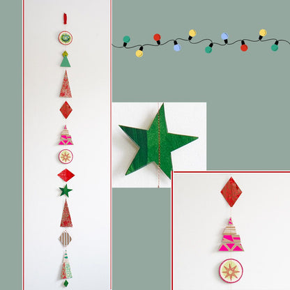 Vertical hanging Christmas garland made of 12 colourful, modern shapes cut from recycled and hand-painted card prints.