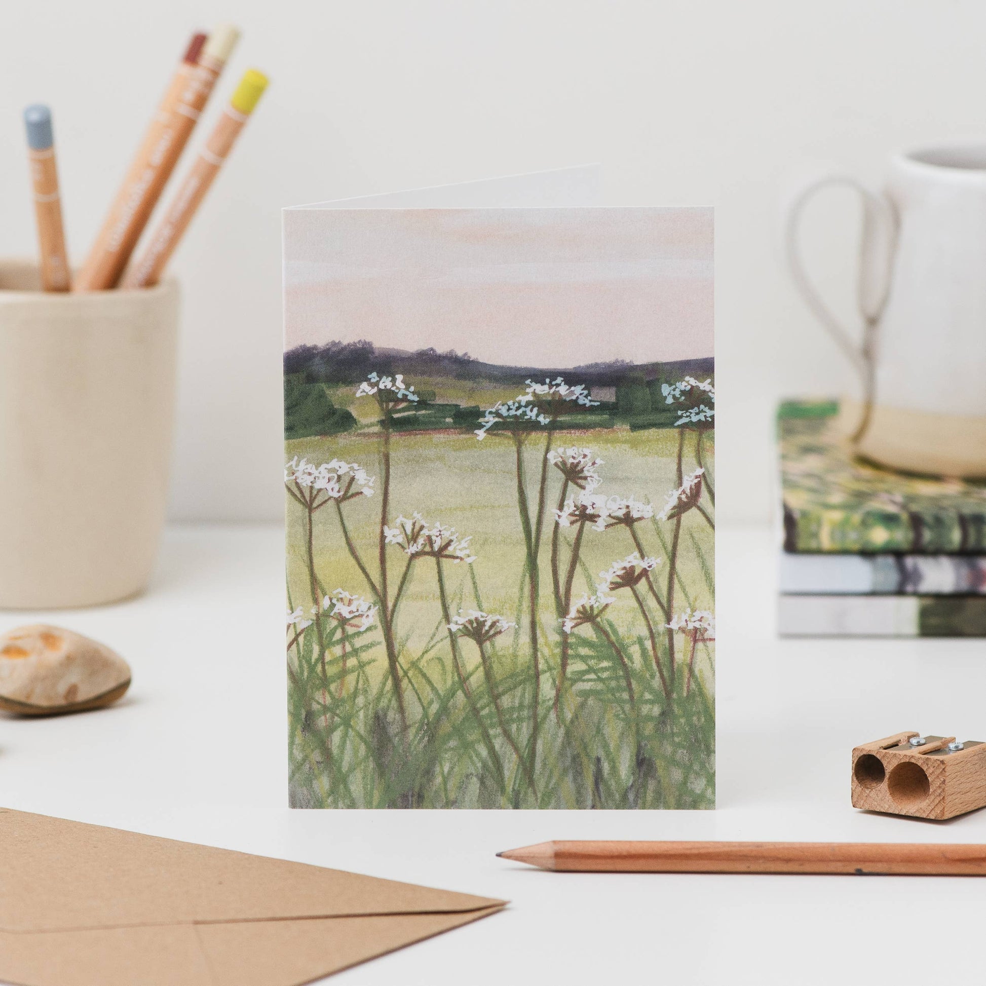 Luxury A6 cow parsley floral greetings card with mixed media illustration, blank inside, printed on 350gsm UK card with recycled Kraft envelope