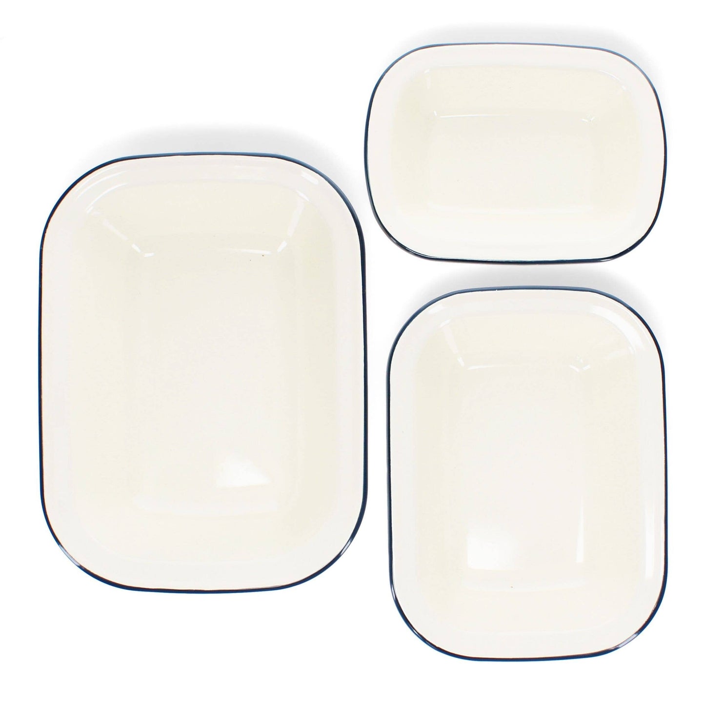 Set of three white enamel pie dishes with blue rim in assorted sizes