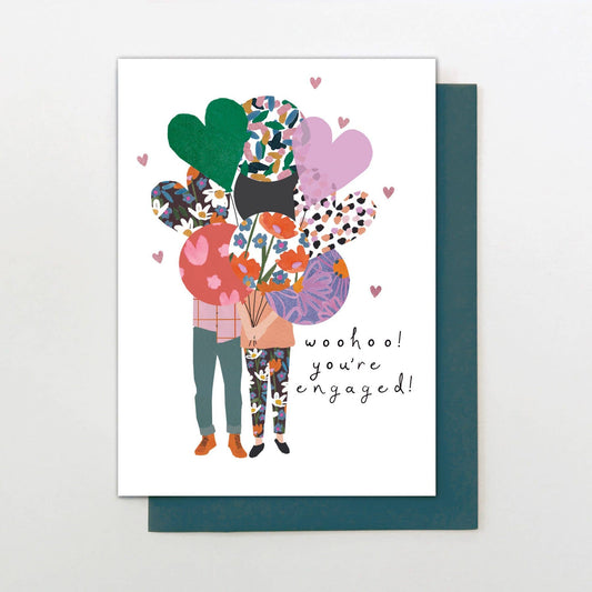 Engagement card with couple holding big balloons, foiled and embossed, with teal envelope