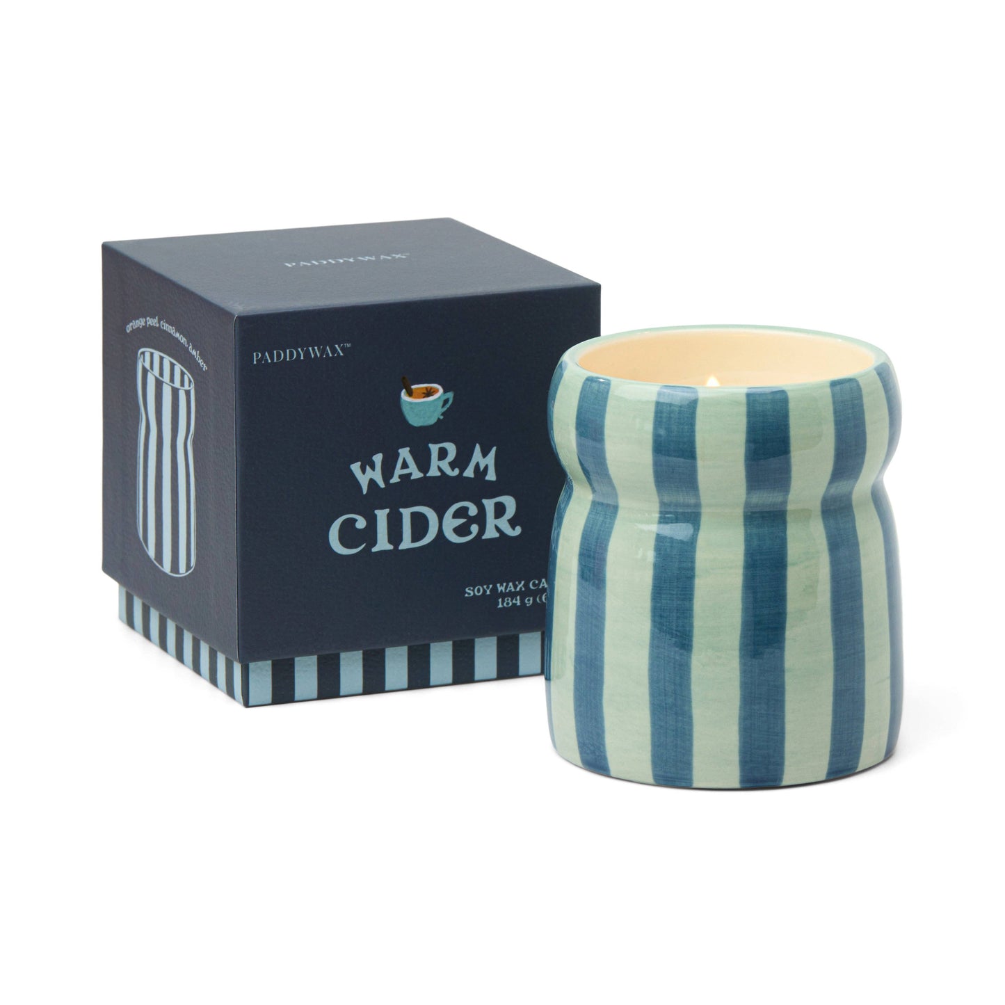 Ceramic candle in striped, hand-painted pot with lid, blue/navy, featuring festive warm cider scent.
