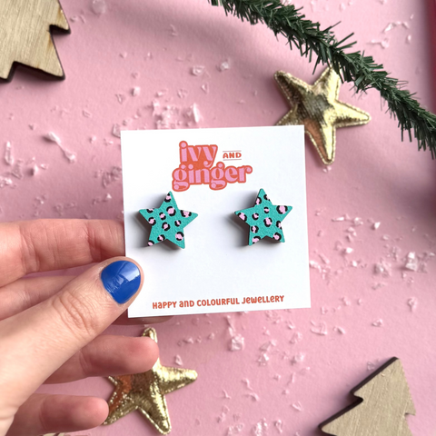 TEAL + PINK LEOPARD PRINT STAR STUDS