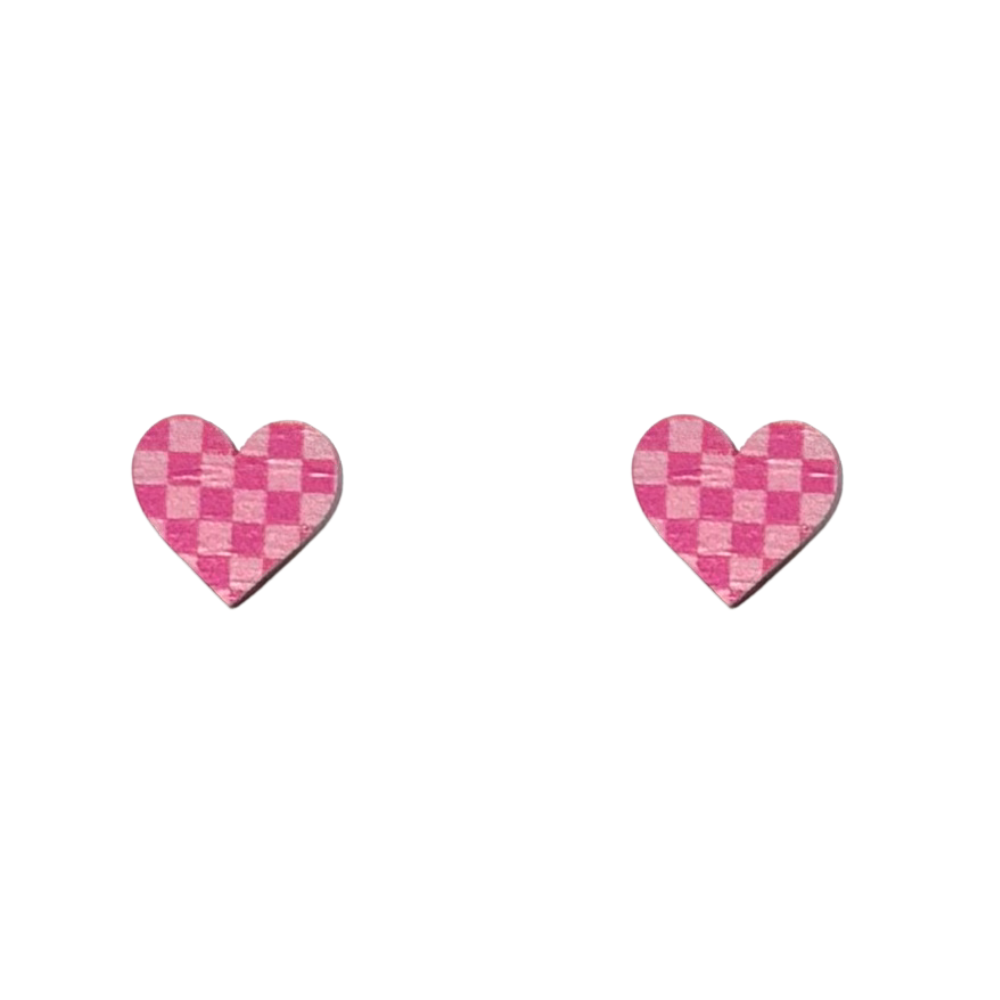 Pink checkerboard heart-shaped wooden stud earrings, FSC wood, surgical steel posts, 13mm, lightweight, colourful, gift-ready.