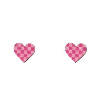 Pink checkerboard heart-shaped wooden stud earrings, FSC wood, surgical steel posts, 13mm, lightweight, colourful, gift-ready.