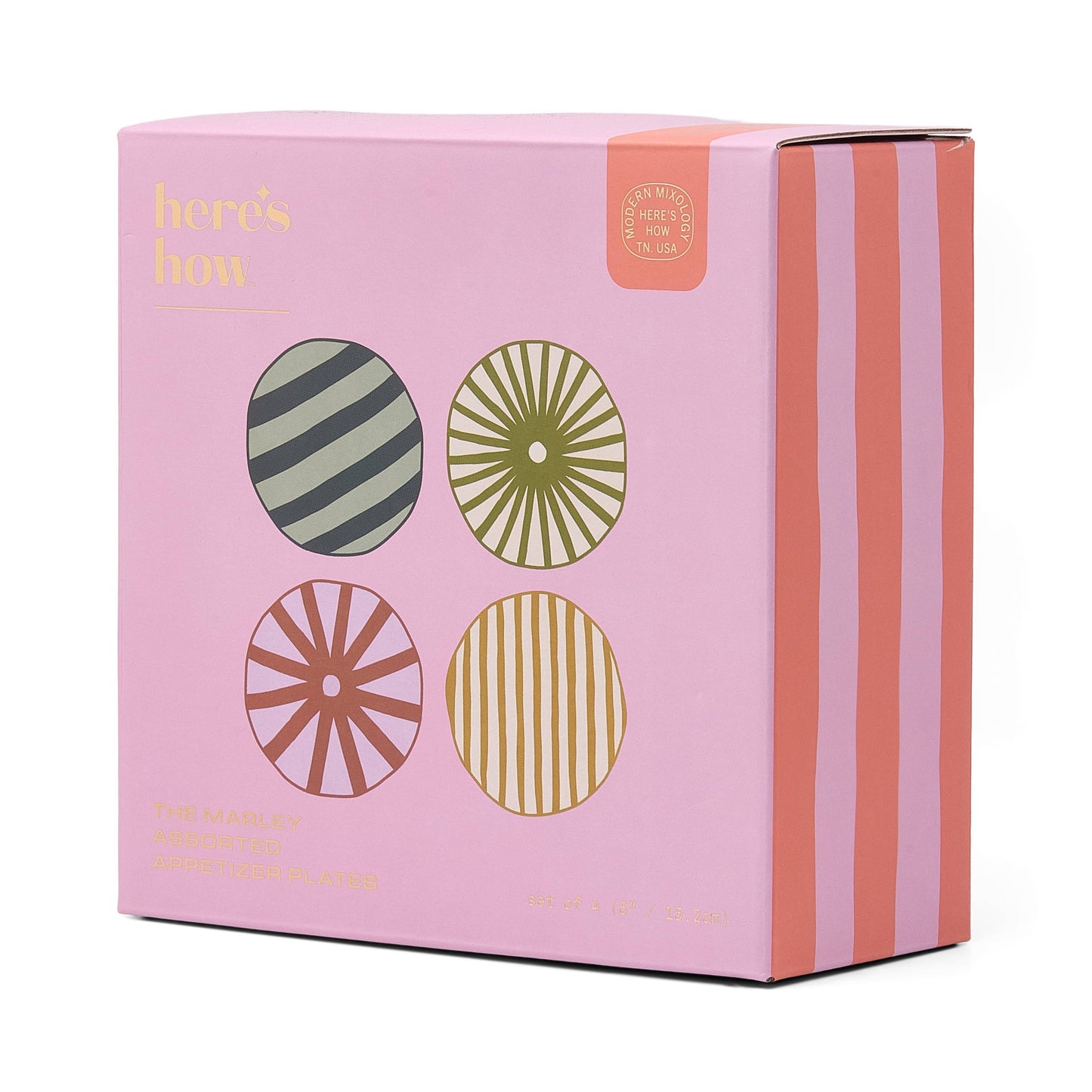 Set of four Marley appetizer plates with bold geometric patterns and vibrant colours, perfect for serving small bites and entertaining in style.
