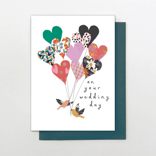 Wedding card with two birds, heart balloons, embossed foil details and teal envelope