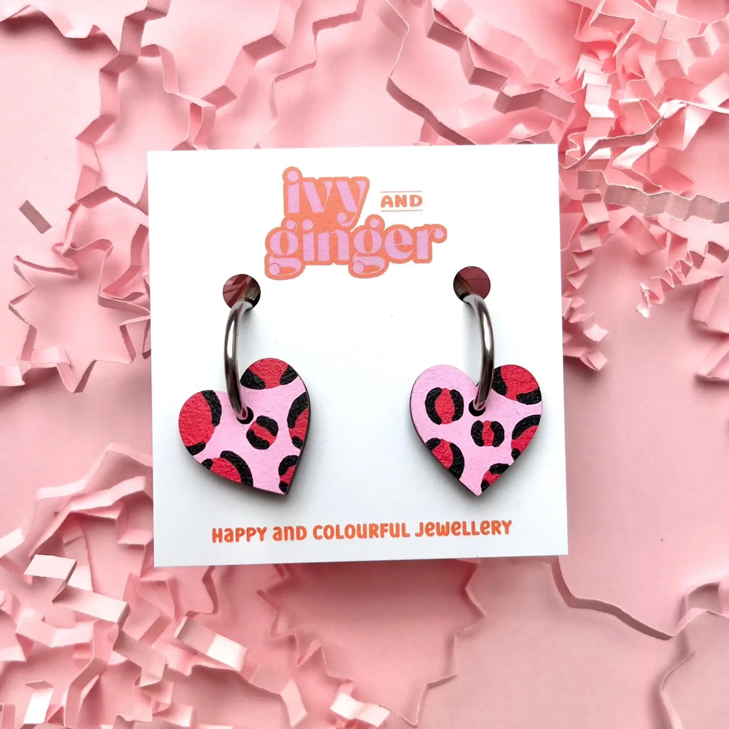 PINK + RED LEOPARD PRINT SMALL HEART HOOPS