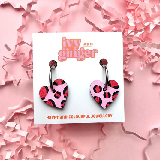 PINK + RED LEOPARD PRINT SMALL HEART HOOPS