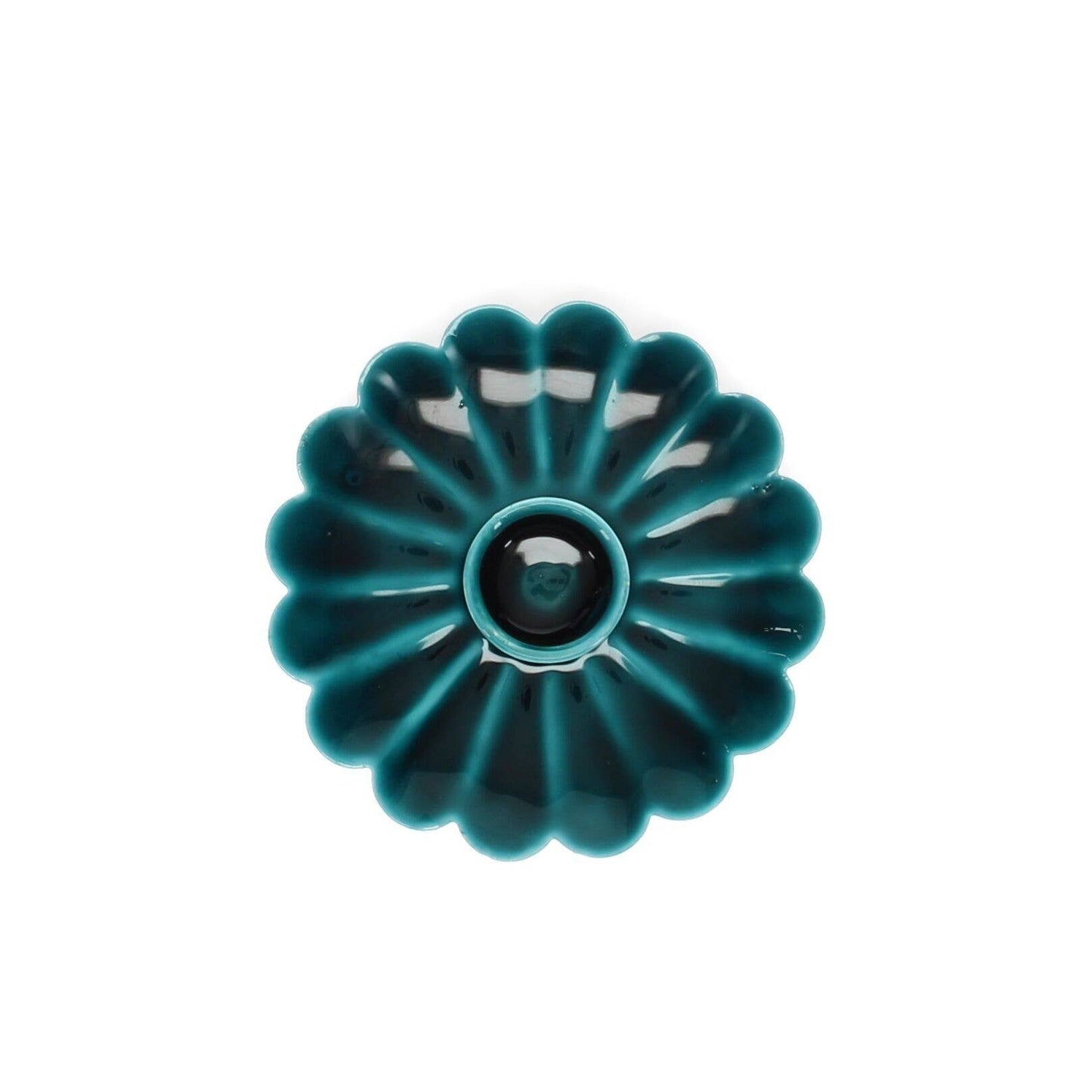 Teal Blue enamel cast metal candle holder with flat flower-shaped pan and foam-padded base
