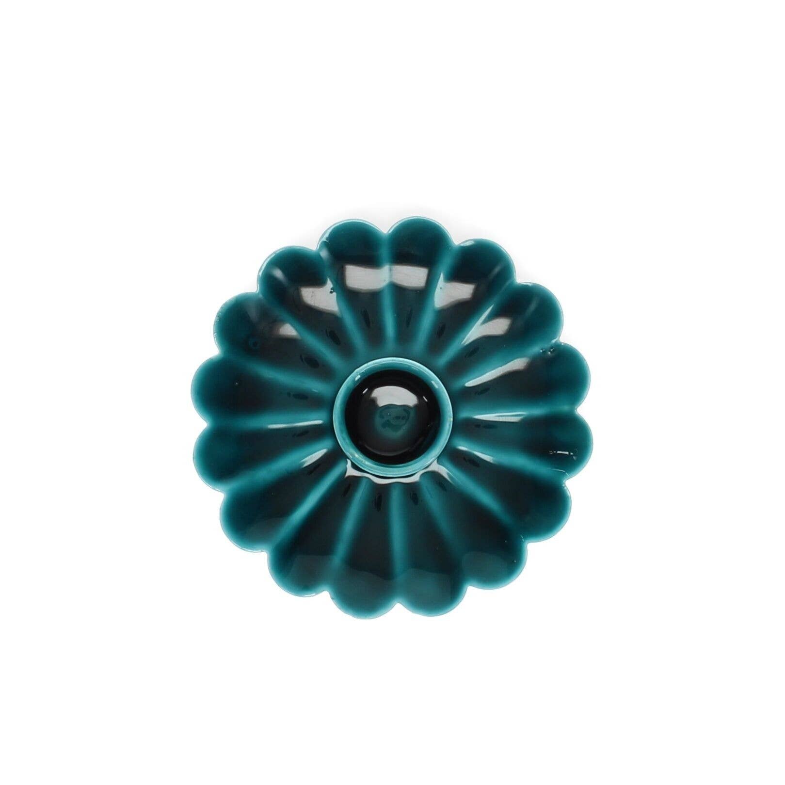 Teal Blue enamel cast metal candle holder with flat flower-shaped pan and foam-padded base