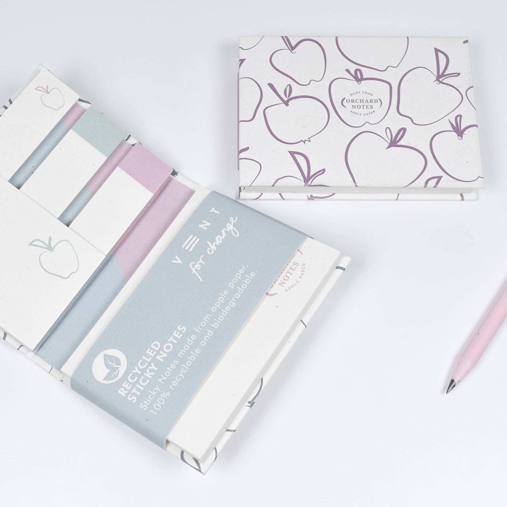 Recycled sticky notes pad in green or pink with Orchard Notes debossed cover and three sizes of biodegradable sticky notes