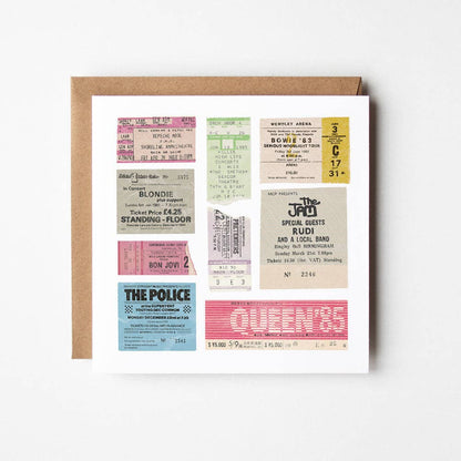 1980s gig ticket card with colourful illustrations of Queen, Blondie, The Police, The Jam, and other classic 80s music legends.