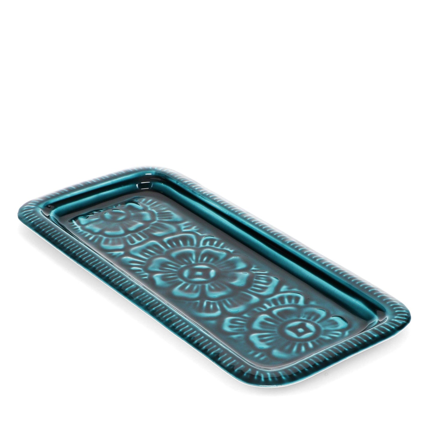 Rectangular teal blue enamel cast metal tray with floral centre and line border, foam pads on base
