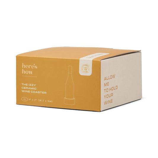 Izzy hand-painted ceramic wine coasters with yellow stripe design, food-safe and ideal for protecting surfaces or serving small snacks.