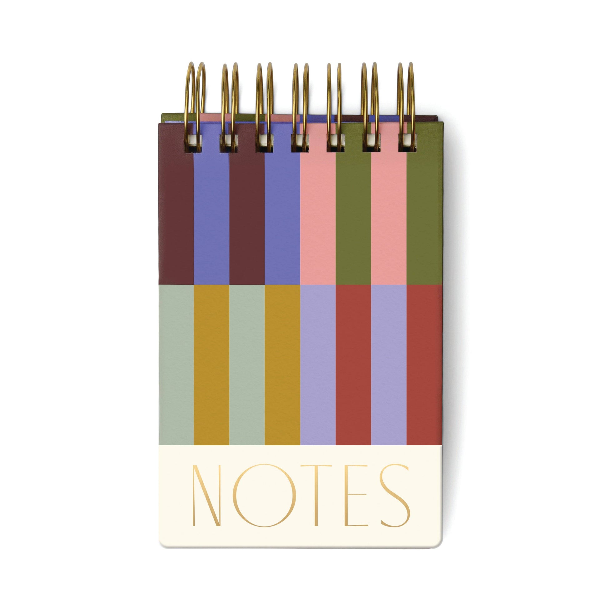 A thick, small pocket notepad with a colouful stripe patterned hard cover, featuring 192 lined sheets inside.