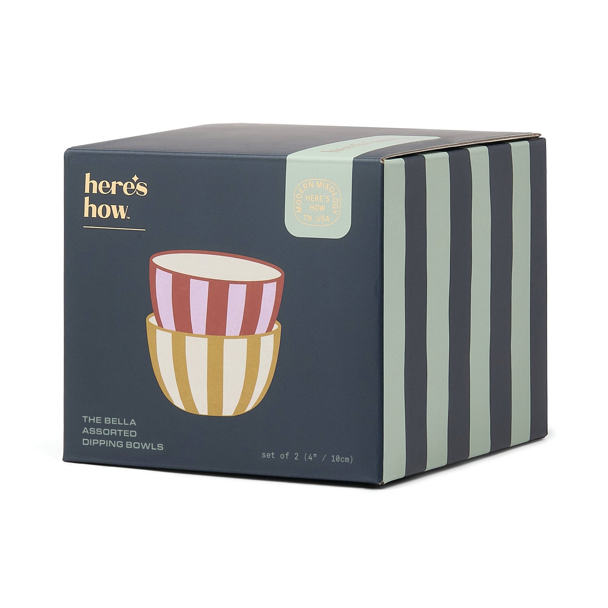 Box of small ceramic dipping bowls by 'here's how' in sleek, modern Ochre + Rust striped colour combination 