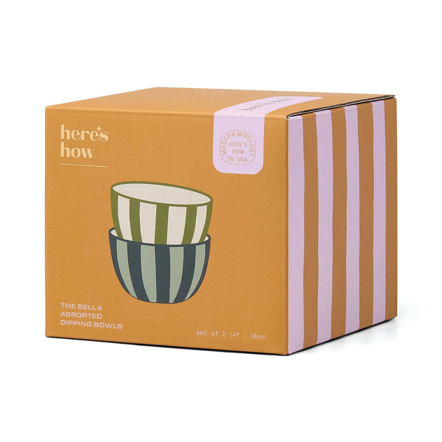 Box of small ceramic dipping bowls by 'here's how' in sleek, modern Olive + Blue striped colour combination 