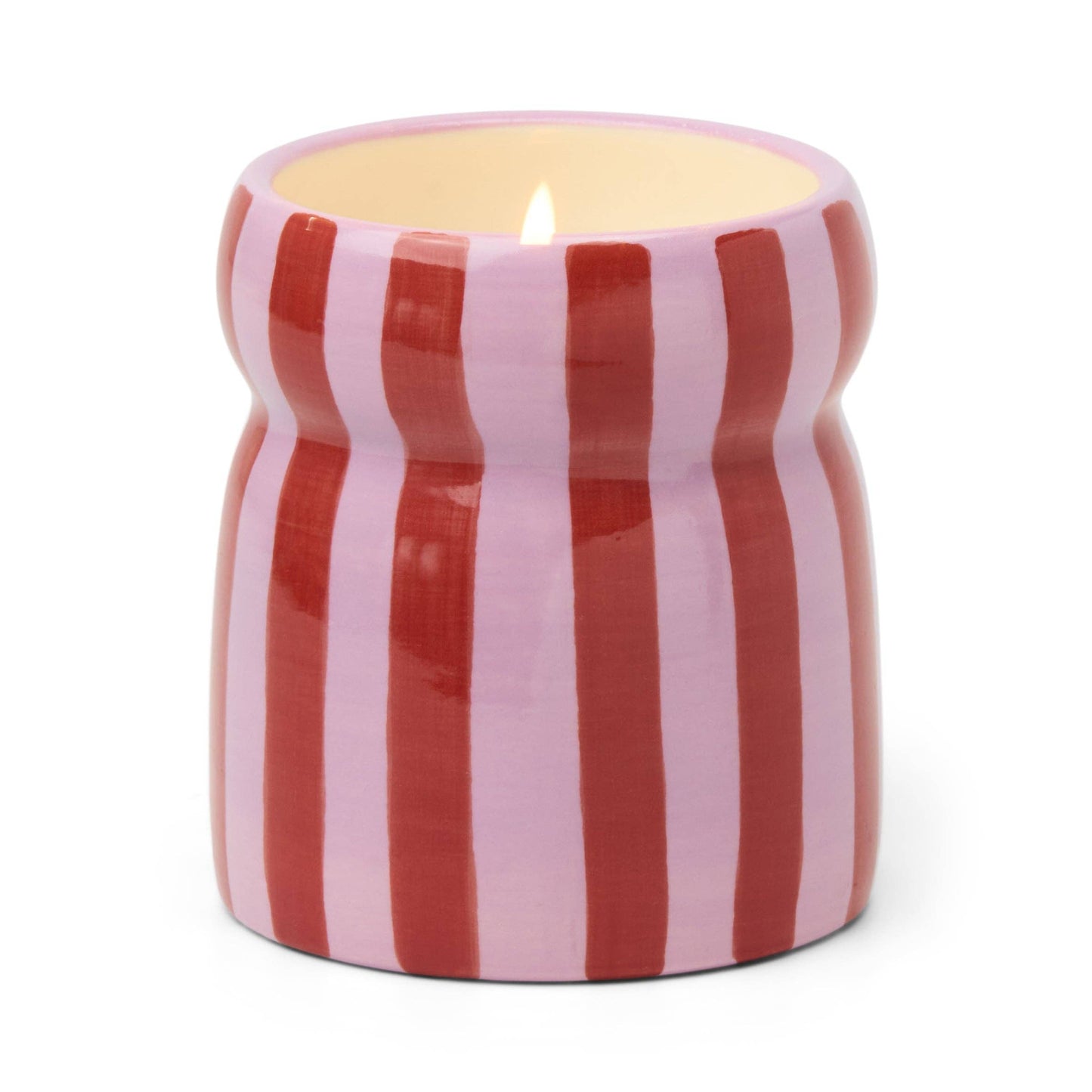 Ceramic candle in striped, hand-painted pot with lid, red/pink, featuring festive pink peppermint scent.