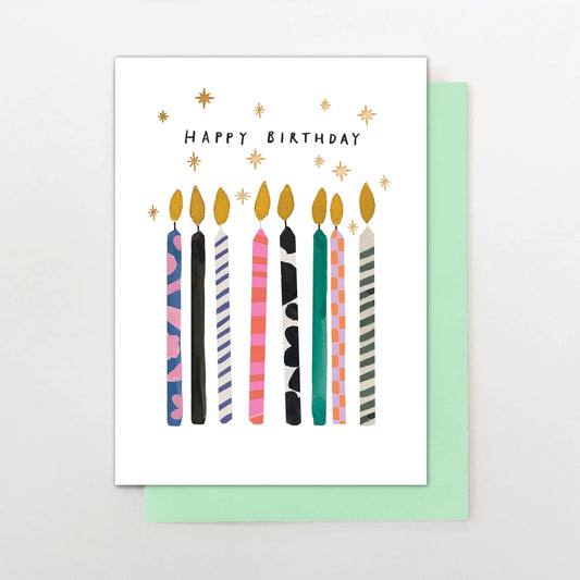 Luxury Happy Birthday card with candles and raised gold foil, paired with jade green envelope and sustainably sourced card.