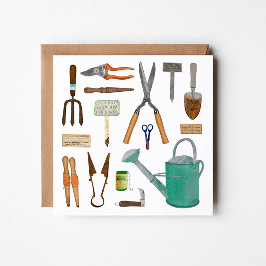 Square card featuring illustrated vintage garden tools and seed packets from the 'Green Fingers' collection by Design Smith