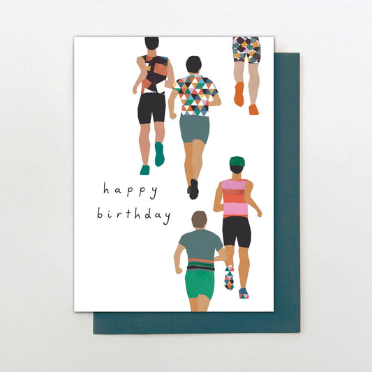 Birthday card with embossed foiled runners design and deep teal envelope, printed on luxury ethically sourced card.