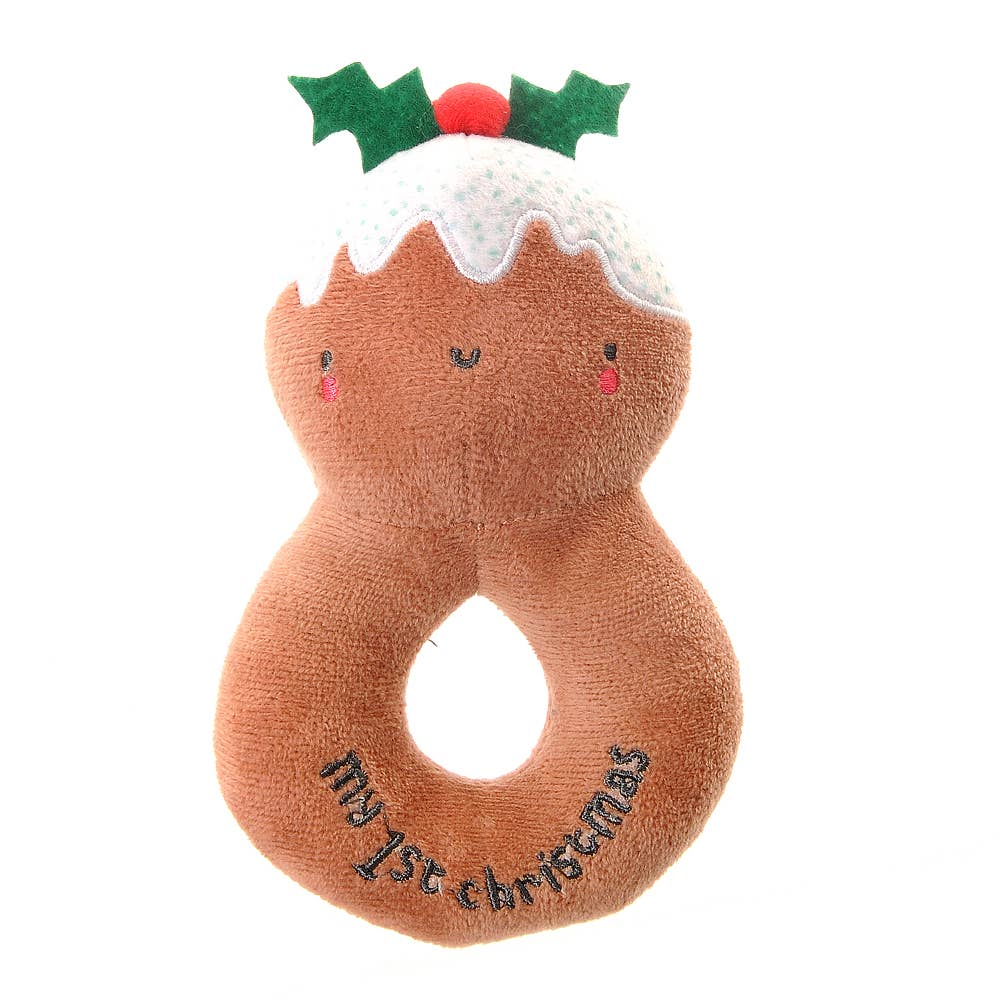 Soft Christmas pudding plush baby rattle made from velboa fabric with gentle sensory sound, perfect as a My First Christmas gift.