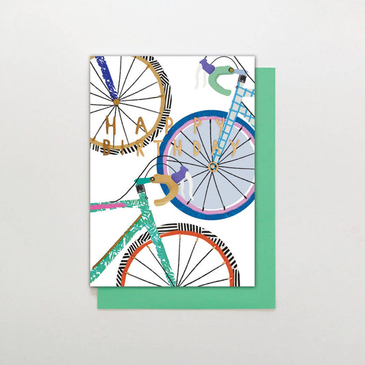 Birthday card with gold foil bikes design and deep mint envelope, printed on ethically sourced luxury card.