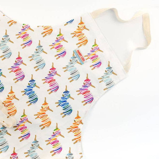 Hairy Coo 100% cotton apron with bright Highland Cow print