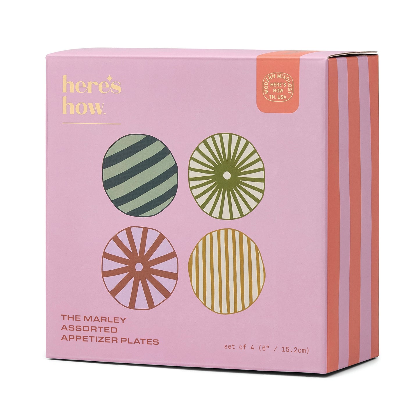 Set of four Marley appetizer plates with bold geometric patterns and vibrant colours, perfect for serving small bites and entertaining in style.