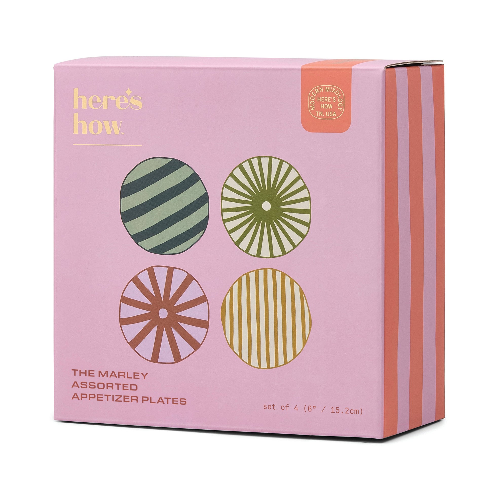 Set of four Marley appetizer plates with bold geometric patterns and vibrant colours, perfect for serving small bites and entertaining in style.