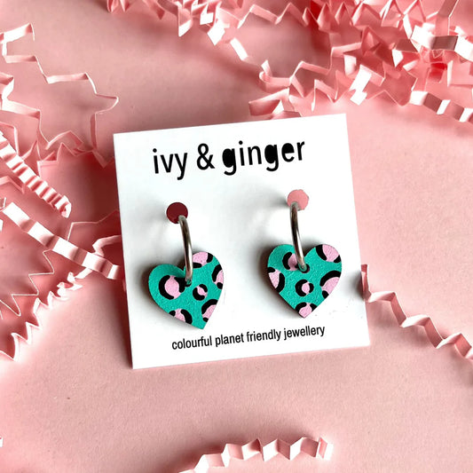GREEN + PINK LEOPARD PRINT SMALL HEART HOOPS
