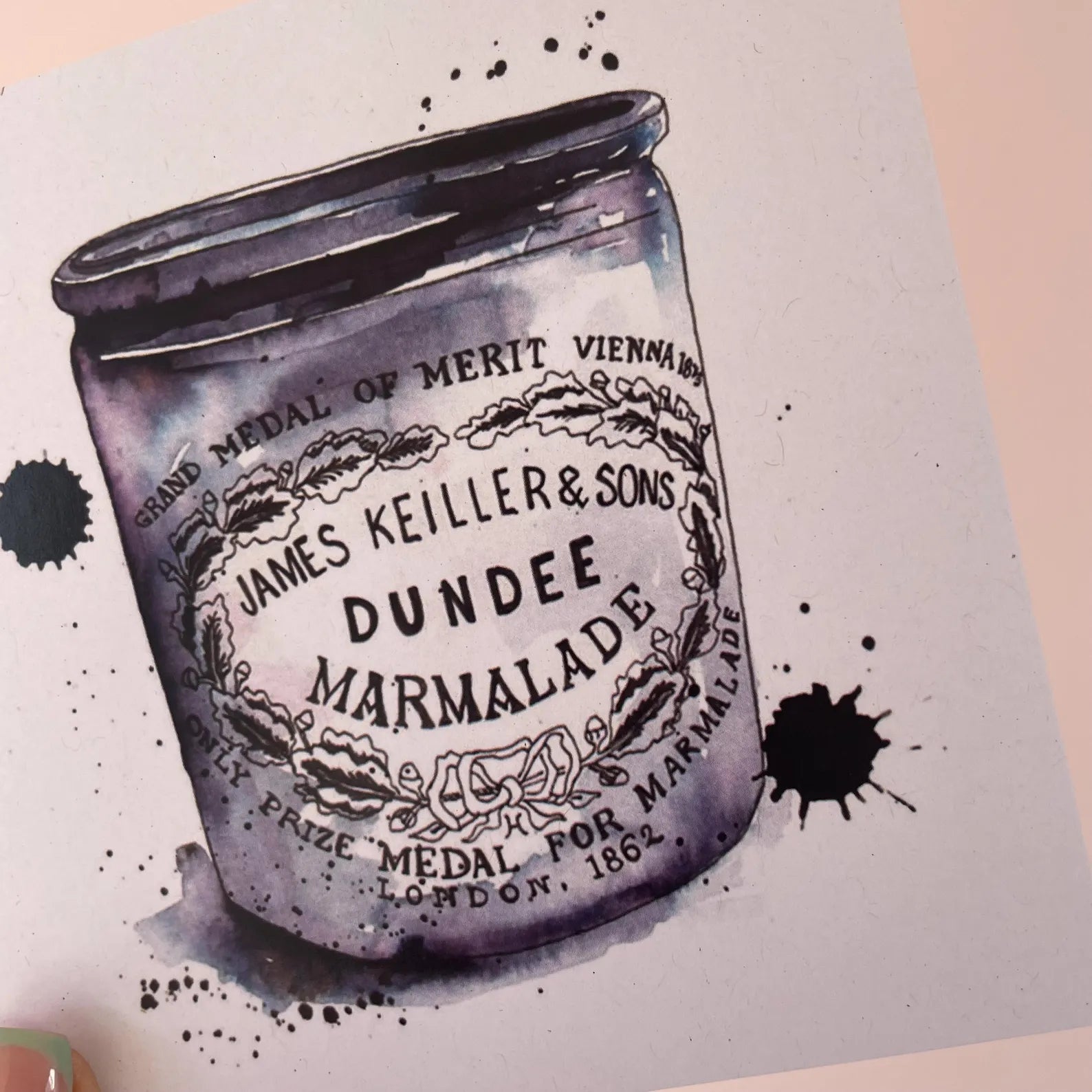 Blank greeting card with illustrated Dundee marmalade James Keiller ceramic pot, 12cm x 12cm, envelope included