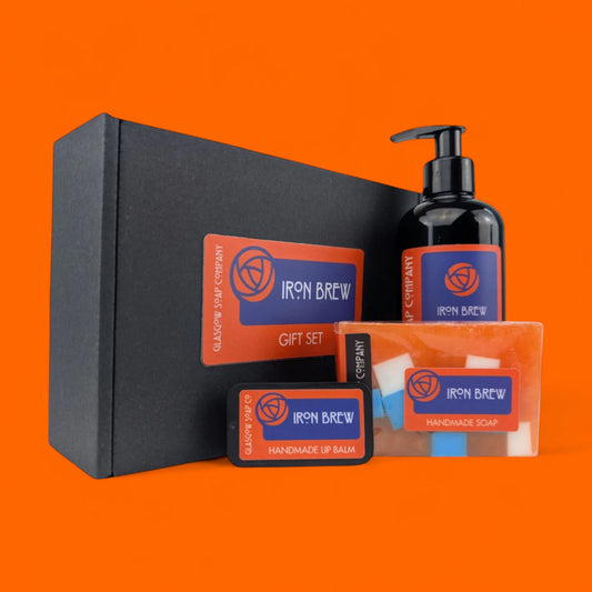 Iron Brew inspired gift set with liquid soap, handmade soap and lip balm, handmade in Glasgow with eco-friendly packaging.