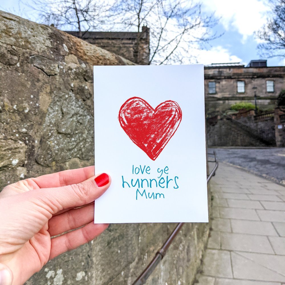 Love ye hunners mum Scottish greeting card with red heart design printed in Edinburgh
