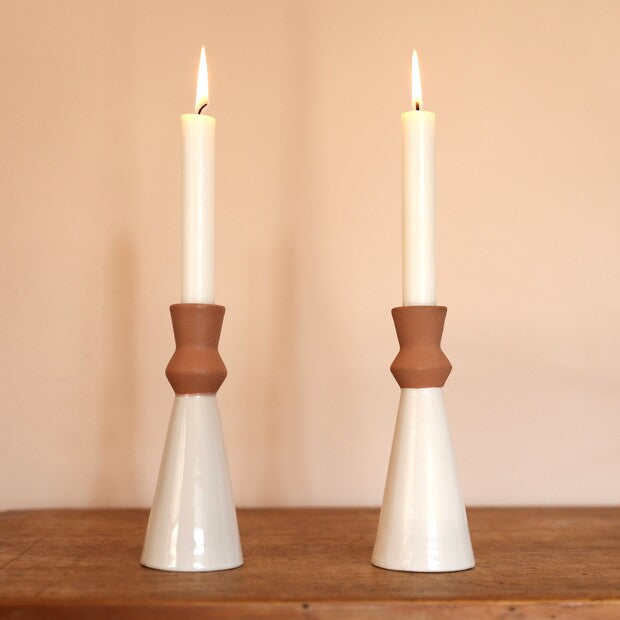WHITE AND TERRACOTTA CANDLESTICK HOLDER