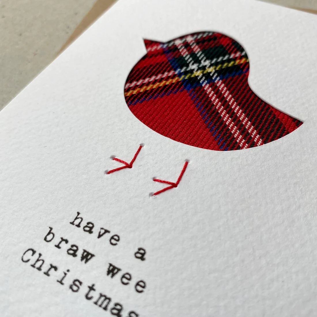 Handmade Hiya Pal Scottish tartan robin Christmas card made with real tartan offcuts on embossed card.