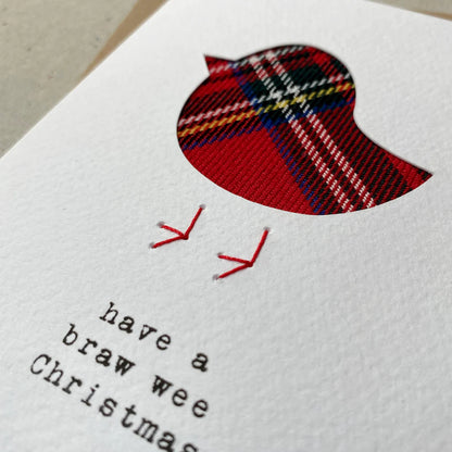 Handmade Hiya Pal Scottish tartan robin Christmas card made with real tartan offcuts on embossed card.