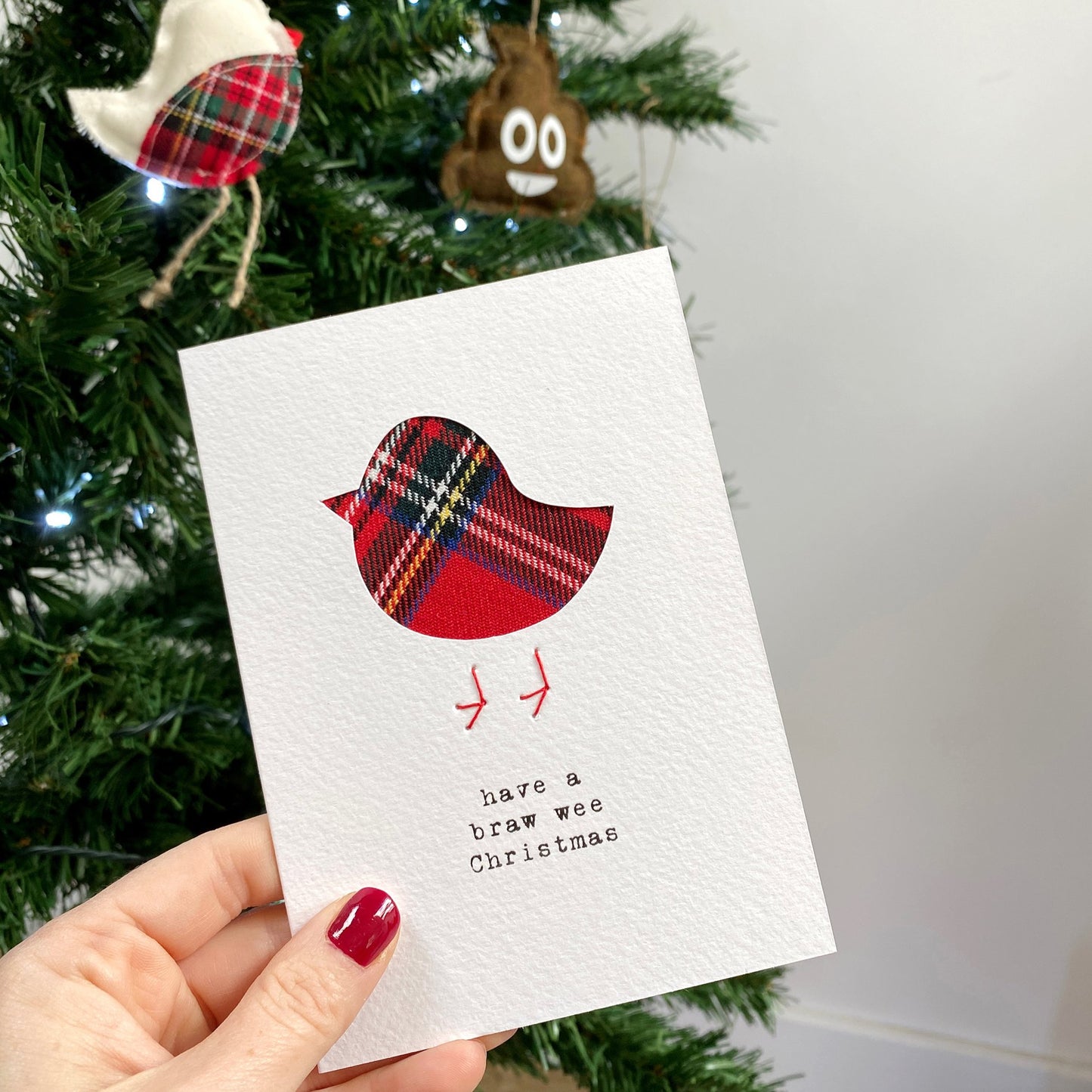 Handmade Hiya Pal Scottish tartan robin Christmas card made with real tartan offcuts on embossed card.