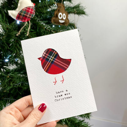 Handmade Hiya Pal Scottish tartan robin Christmas card made with real tartan offcuts on embossed card.