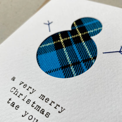 Handmade Hiya Pal Scottish tartan snowman Christmas card crafted with real tartan offcuts on embossed A6 card.