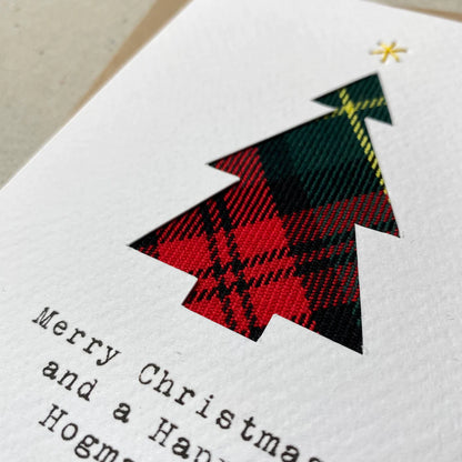 Handmade Hiya Pal Scottish tartan Christmas tree card crafted with real tartan offcuts on embossed A6 card with Kraft envelope.