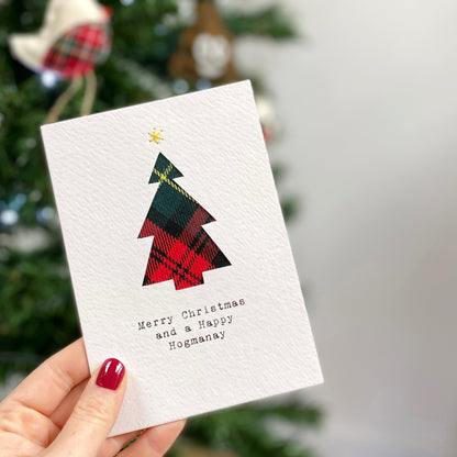 Handmade Hiya Pal Scottish tartan Christmas tree card crafted with real tartan offcuts on embossed A6 card with Kraft envelope.
